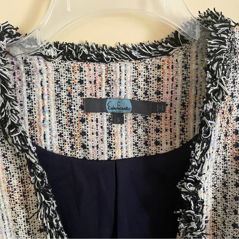 Anthropologie Eva Franco Reston Tweed Blazer Jacket Small Fringe Trim Open Front - Picture 7 of 13
